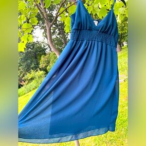 👗Teal Blue Juniors Sz Small Dress Forever 21 Deep V Neck, Semi-Sheer Formal